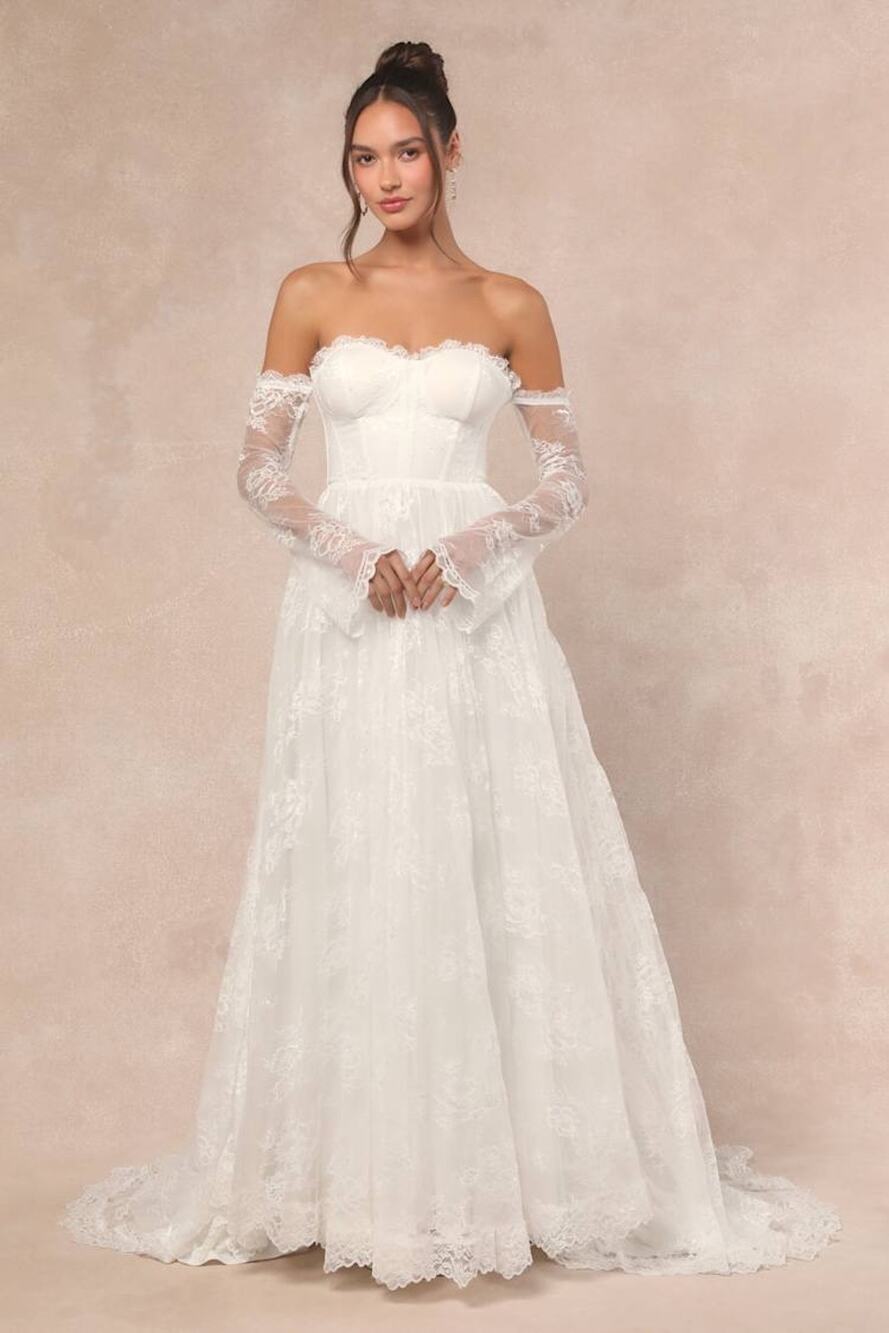 NWT Lulus Maurine White Lace Off-the-Shoulder Bustier Bridal Dress Wedding Sze L